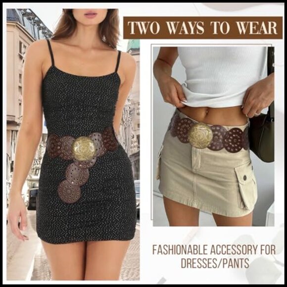 Western Hollow Disc Leather Belt Adjustable Boho Retro Cowgirl Style main image 6